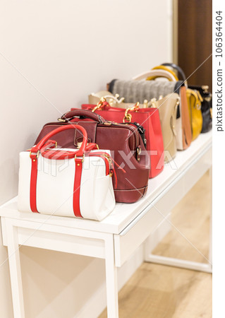 Collection of fashinable bags standing on a shelf in a row Collection of fashinable bags standing on a shelf in a row 106364404