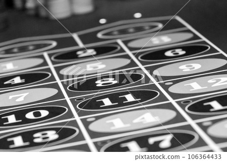 Roulette table in luxury casino. Black and white photo Roulette table in luxury casino. Black and white photo 106364433