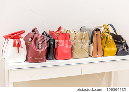 Collection of handbags standing in a row Collection of handbags standing in a row 106364585