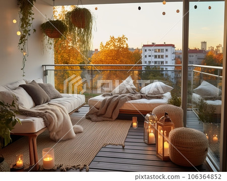 Cozy autumn balcony decor, warm fall city balcony decor with chair and pillows, pumpkins, yellow leaves and candles Cozy autumn balcony decor, warm fall city balcony decor with chair and pillows, pumpkins, yellow leaves and candles 106364852