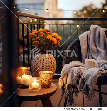 Cozy autumn balcony decor, warm fall city balcony decor with chair and pillows, pumpkins, yellow leaves and candles 106364868