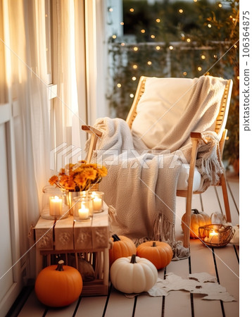 Cozy autumn balcony decor, warm fall city balcony decor with chair and pillows, pumpkins, yellow leaves and candles 106364875