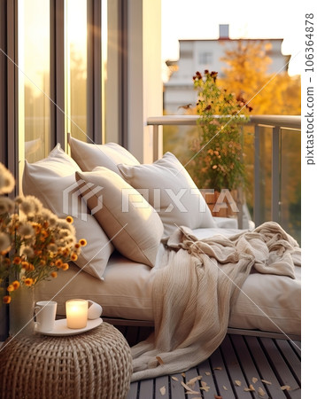 Cozy autumn balcony decor, warm fall city balcony decor with chair and pillows, pumpkins, yellow leaves and candles 106364878