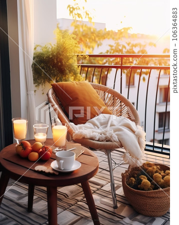Cozy autumn balcony decor, warm fall city balcony decor with chair and pillows, pumpkins, yellow leaves and candles Cozy autumn balcony decor, warm fall city balcony decor with chair and pillows, pumpkins, yellow leaves and candles 106364883