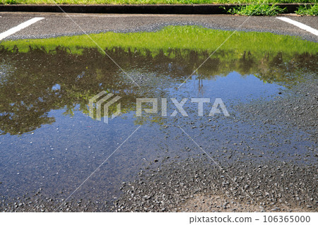 Blue sky scenery reflected in the puddle of the parking lot Blue sky scenery reflected in the puddle of the parking lot 106365000