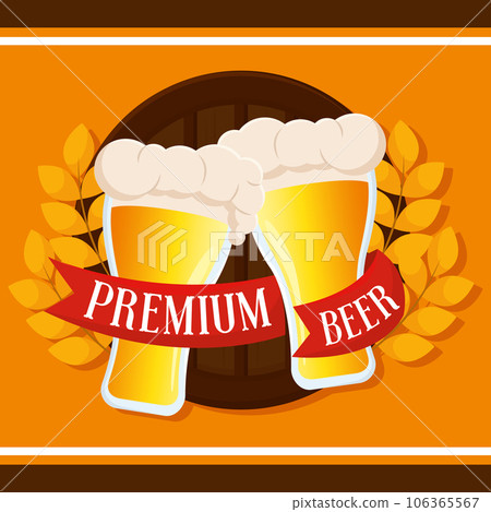 Pair of beer cups with foam Oktoberfest beer festival Vector Pair of beer cups with foam Oktoberfest beer festival Vector 106365567