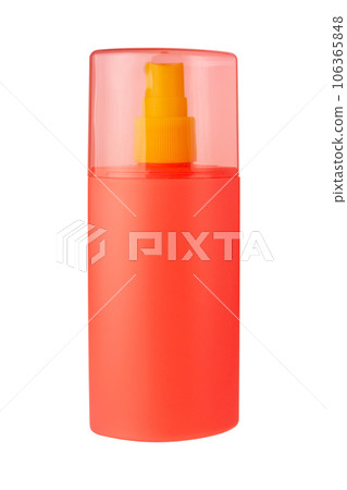 Cosmetic spray bottle. Orange plastic spray bottle on a white background. 106365848