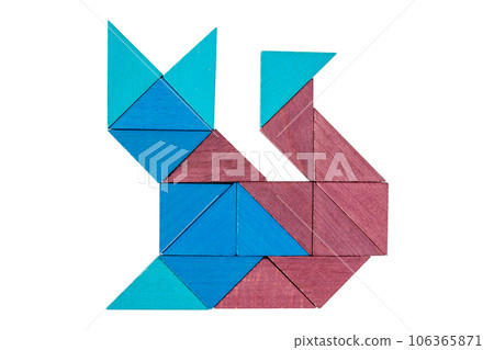 The figure of a cat from wooden triangles on a white background. The figure of a cat from wooden triangles on a white background. 106365871