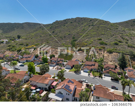 Aerial view of small city Poway in suburb of San Diego County, California, United States.  106366076