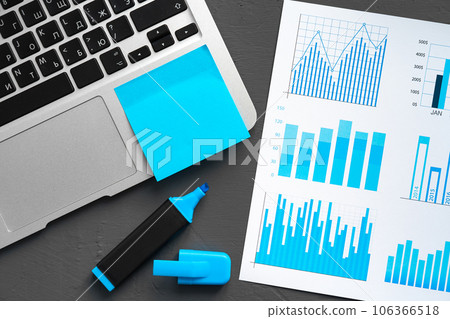 Printed graphs and laptop on dark gray surface Printed graphs and laptop on dark gray surface 106366518
