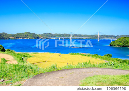 佐賀縣唐津市夏季的犬頭梯田和高島肥前大橋 佐賀縣唐津市夏季的犬頭梯田和高島肥前大橋 106366598
