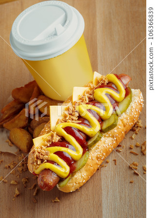 Hot dog with yellow mustard and ketchup on wooden board Hot dog with yellow mustard and ketchup on wooden board 106366839