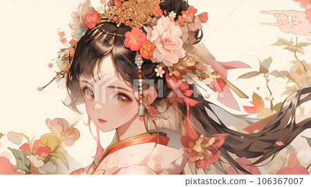 手绘卡通唯美的东方古典少女插画 106367007