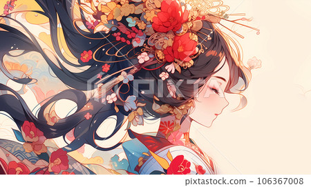 手绘卡通唯美的东方古典少女插画 106367008