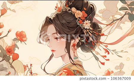 手绘卡通唯美的东方古典少女插画 106367009