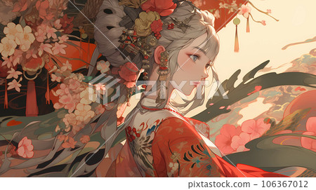 手绘卡通唯美的东方古典少女插画 106367012