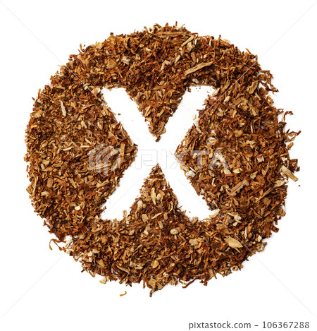 Letter X made of cigarettes dried smoking tobacco on white background Letter X made of cigarettes dried smoking tobacco on white background 106367288