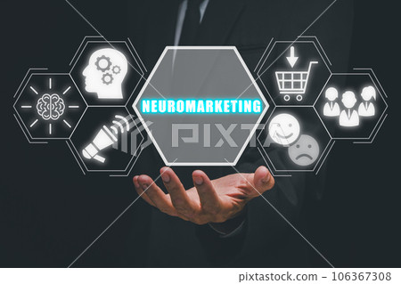 Neuromarketing concept, Businessman hand holding neuromarketing icon on virtual screen. 106367308