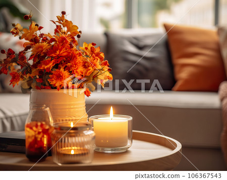 Cozy autumn interior decor arrangement, warm fall home decoration composition, dried flowers in vase 106367543