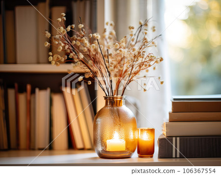 Cozy autumn interior decor arrangement, warm fall home decoration composition, dried flowers in vase Cozy autumn interior decor arrangement, warm fall home decoration composition, dried flowers in vase 106367554