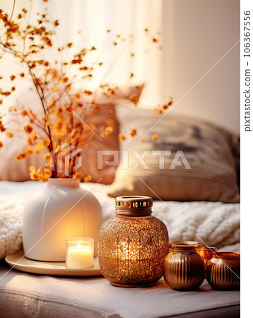 Cozy autumn interior decor arrangement, warm fall home decoration composition, dried flowers in vase 106367556
