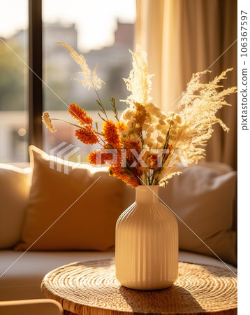 Cozy autumn interior decor arrangement, warm fall home decoration composition, dried flowers in vase 106367597