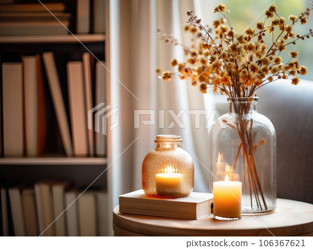 Cozy autumn interior decor arrangement, warm fall home decoration composition, dried flowers in vase 106367621