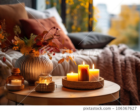Cozy autumn interior decor arrangement, warm fall home decoration composition, dried flowers in vase 106367627