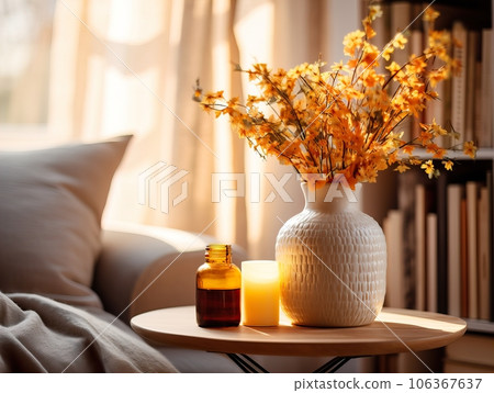 Cozy autumn interior decor arrangement, warm fall home decoration composition, dried flowers in vase 106367637