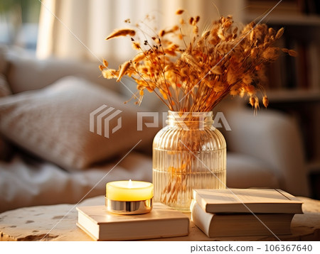 Cozy autumn interior decor arrangement, warm fall home decoration composition, dried flowers in vase 106367640