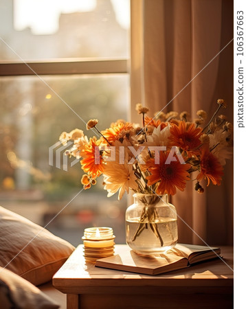 Cozy autumn interior decor arrangement, warm fall home decoration composition, dried flowers in vase Cozy autumn interior decor arrangement, warm fall home decoration composition, dried flowers in vase 106367663