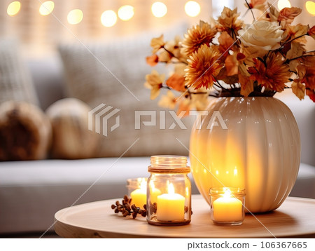 Cozy autumn interior decor arrangement, warm fall home decoration composition, dried flowers in vase 106367665