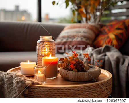 Cozy autumn interior decor arrangement, warm fall home decoration composition, dried flowers in vase 106367697