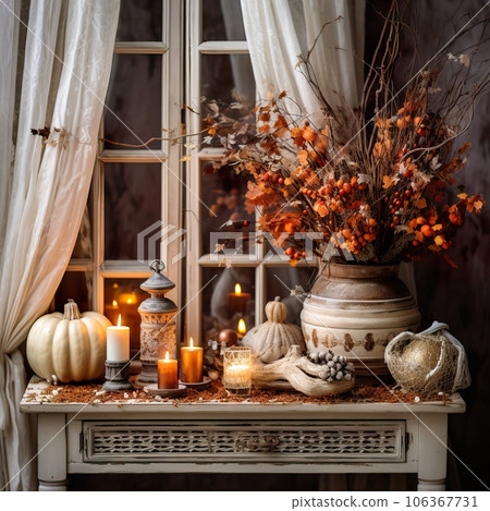 Cozy autumn interior decor arrangement, warm fall home decoration composition, dried flowers in vase 106367731
