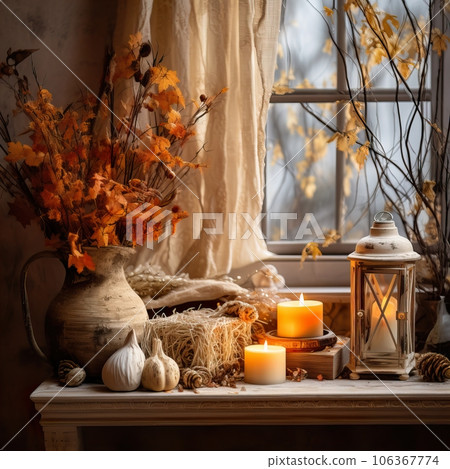 Cozy autumn interior decor arrangement, warm fall home decoration composition, dried flowers in vase 106367774