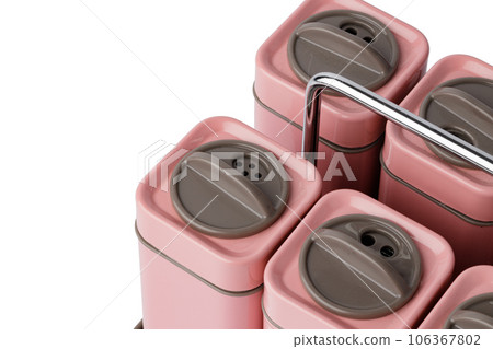 Set of plastic containers for spices isolated on white Set of plastic containers for spices isolated on white 106367802