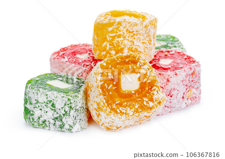 Bunch of colorful Turkish Delight sweets isolated on white Bunch of colorful Turkish Delight sweets isolated on white 106367816