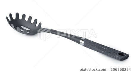 Black plastic spoon for draining on white background Black plastic spoon for draining on white background 106368254