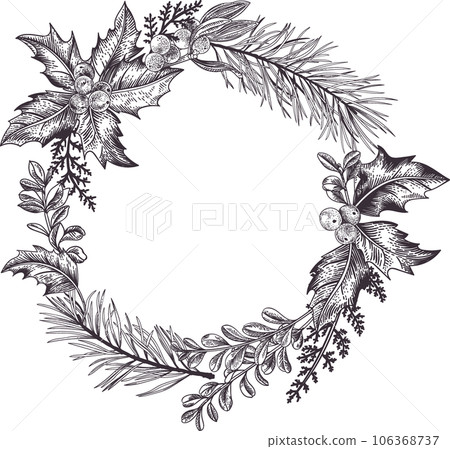 Winter wreath with pine, holly, boxwood, mistletoe and fern branches. Engraving style. Botanical illustration. Black. Winter wreath with pine, holly, boxwood, mistletoe and fern branches. Engraving style. Botanical illustration. Black. 106368737