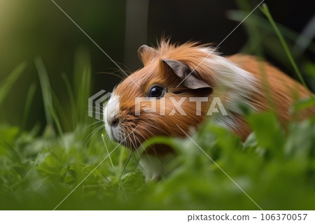 Image of guinea pig resting on green pasture grass on summer. Pet. Animals. Illustration. Generative AI. 106370057