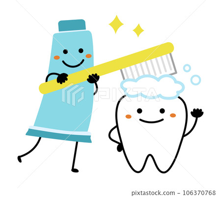Illustration of a cute tooth and toothpaste character brushing with a toothbrush 106370768