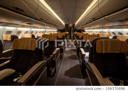 Travel in style with comfortable seats, entertainment options, and safety features in this modern airplane cabin Generative AI 106370896