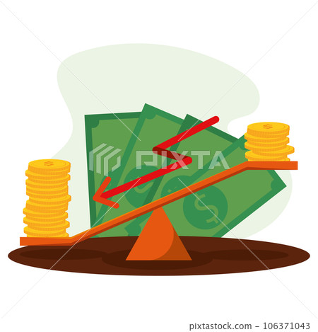 Pair of golden coin piles on a balance Finance icon Vector 106371043