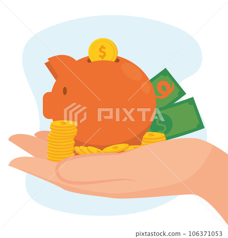 Hand with coins and a pig bank Finance icon Vector 106371053