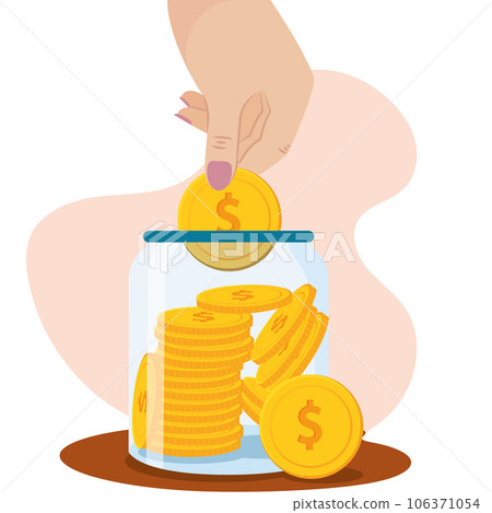 Hand putting a coin on a saving jar Finance icon Vector 106371054