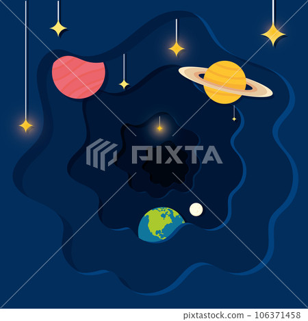 Layered colored view of outer space with planet icons Vector 106371458