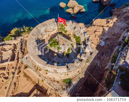Hidirlik Tower, landmark of old town in Antalya Turkey. Drone view Hidirlik Tower, landmark of old town in Antalya Turkey. Drone view 106371759