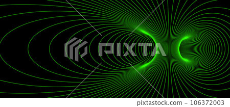 Wormhole wireframe structure. Neon geometric outline grid tunnel backdrop. 3D funnel or vortex texture. Green abstract energy lines on dark background. Vector illustration wallpaper.  106372003