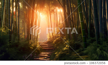竹林中的狹窄道路，陽光透過樹林“AI生成的圖像” 106372056