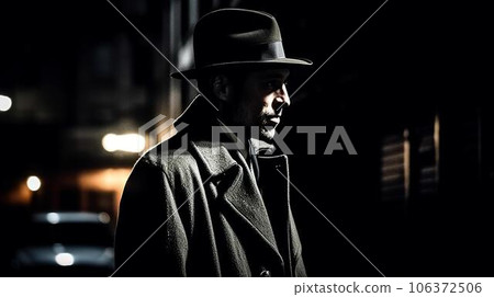 Detective, spy, mafia, detective, businessman wearing a hat walking down a dark alleyway 106372506